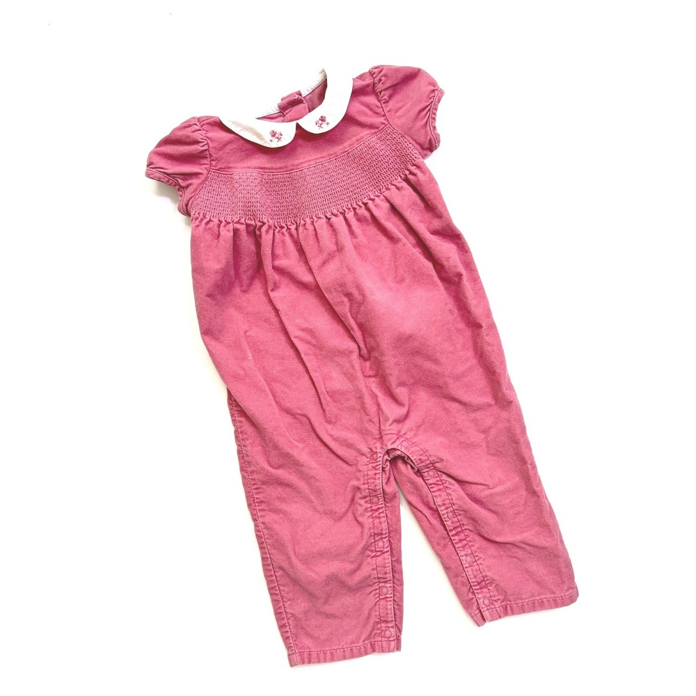 Janie and Jack Romper Girl 12-18M Pink Velour Smocked Floral Peter Pan Collar